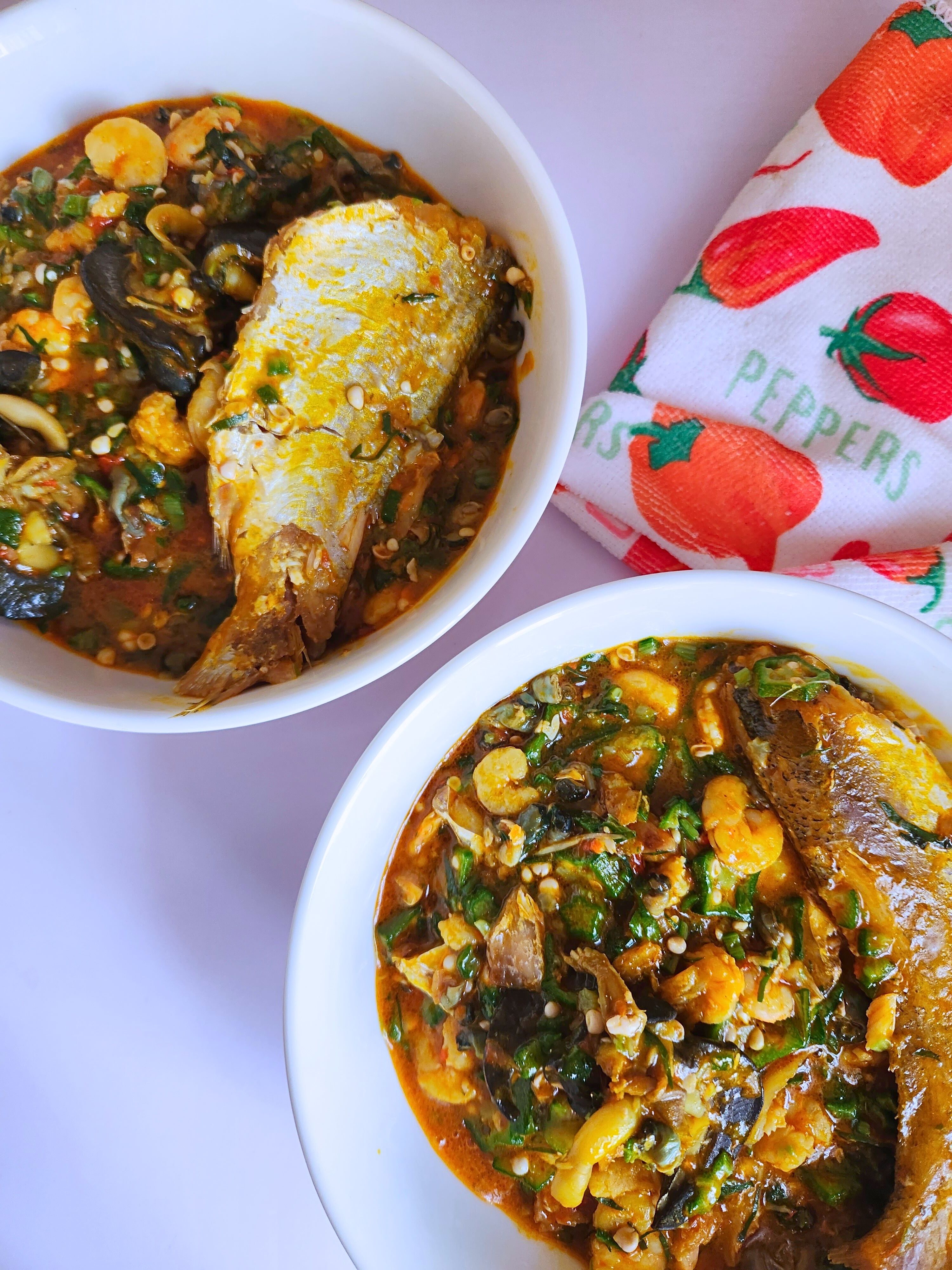 Seafood-Okro-in-two-white-bowl-beside-a-table-cloth