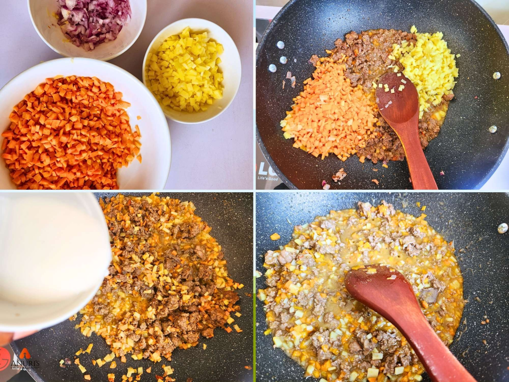 Images showing the first meat pie–making process: chopped carrots and sweet potatoes, meat cooking in a pan and thickener being added