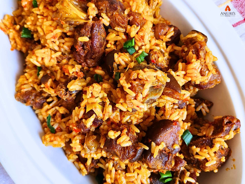 Delicious asun jollof served in a white dish