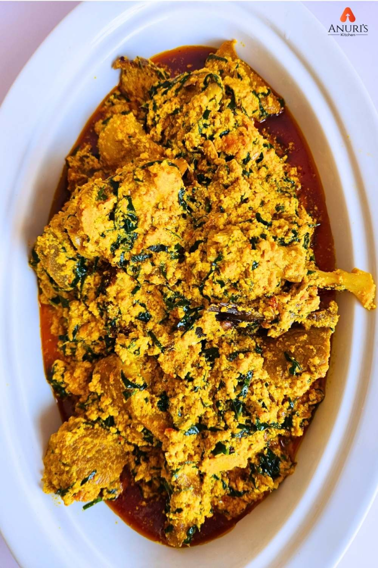 Freshly made Egusi soup served in a white dish