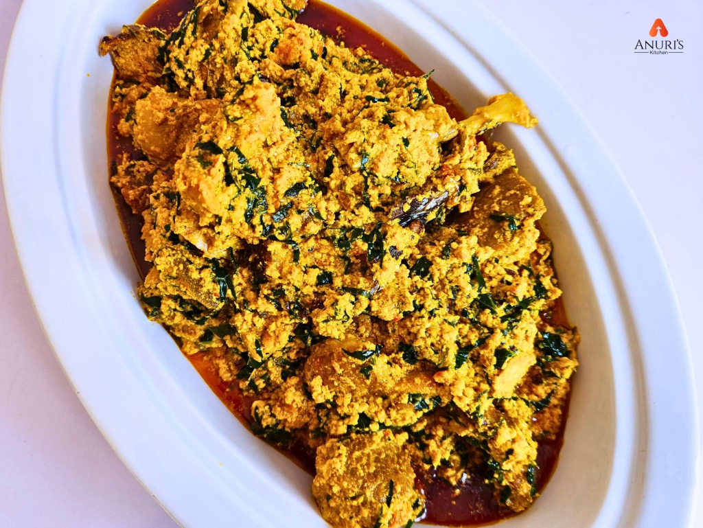 Delicious egusi soup served in a white dish