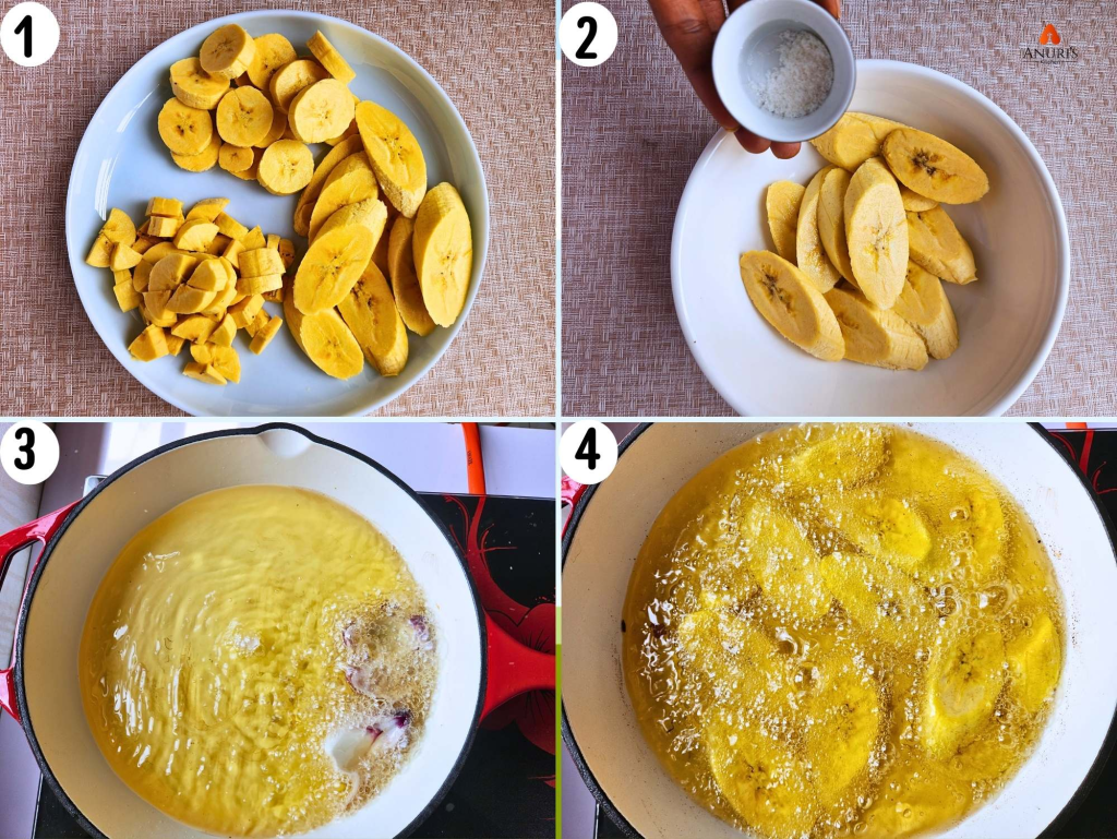 Four images showing plantain diced, salted, and deep-fried until golden brown.