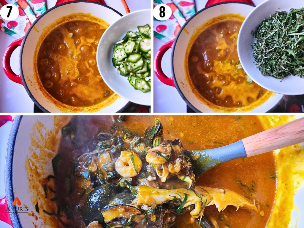 Infographic showing steps 7 and 8 of cooking fisherman’s soup, adding final ingredients and stirring together