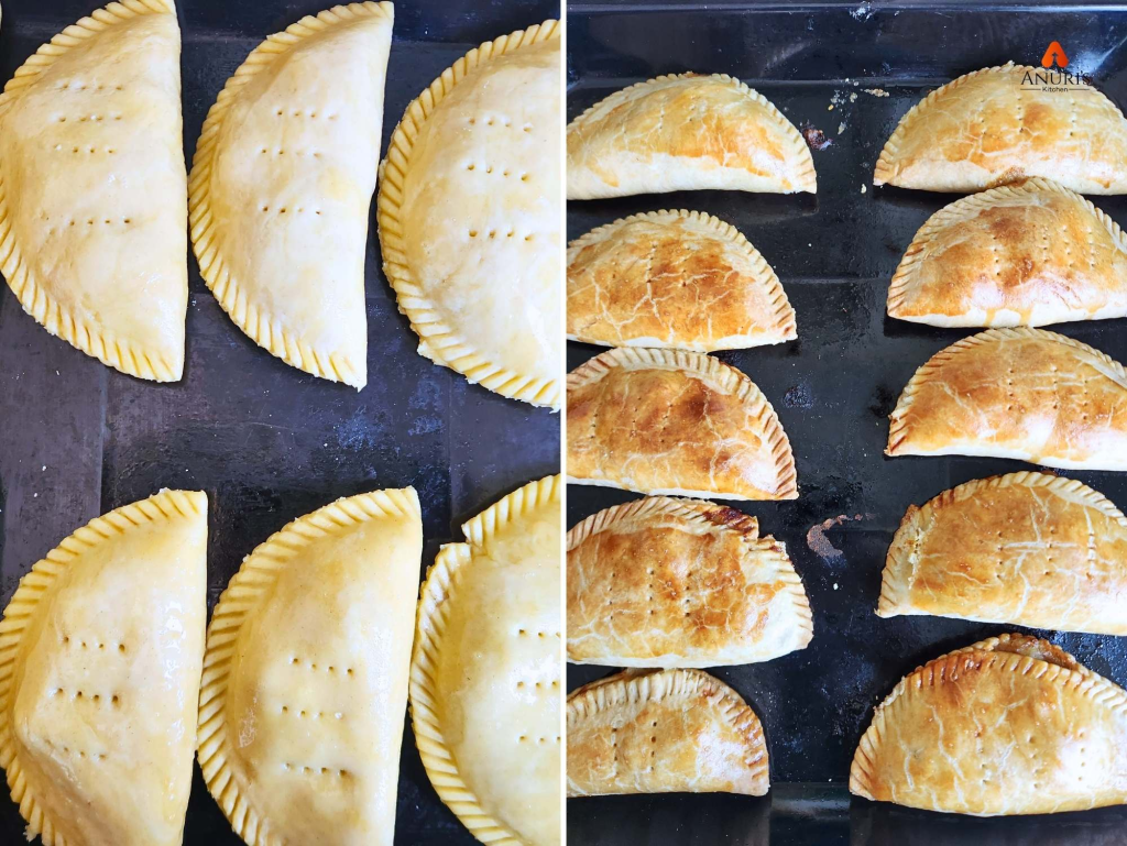 Two grids showing an unbaked meat pie and a golden baked meat pie.