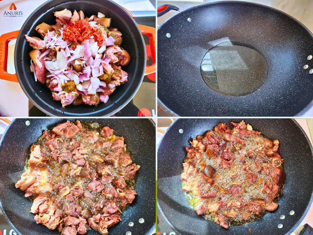 Four-slide collage showing goat meat being boiled with seasonings, then transferred to a pan and stir-fried until browned and well coated with spices.