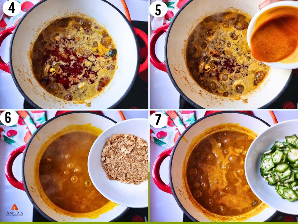 Infographic showing steps 5 to 8 of cooking fisherman’s soup, including adding seafood, simmering, seasoning, and serving.