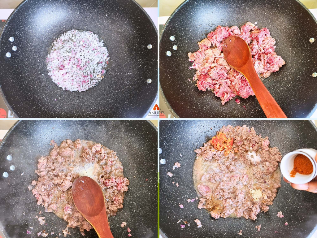 Images showing the first meat pie–making process: chopped onions and meat cooking in a pan and thickener being added