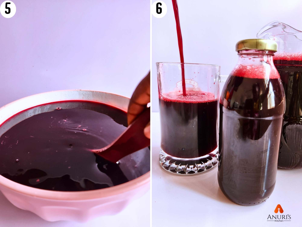 Two images showing zobo drink being stirred to combine and poured into a glass.