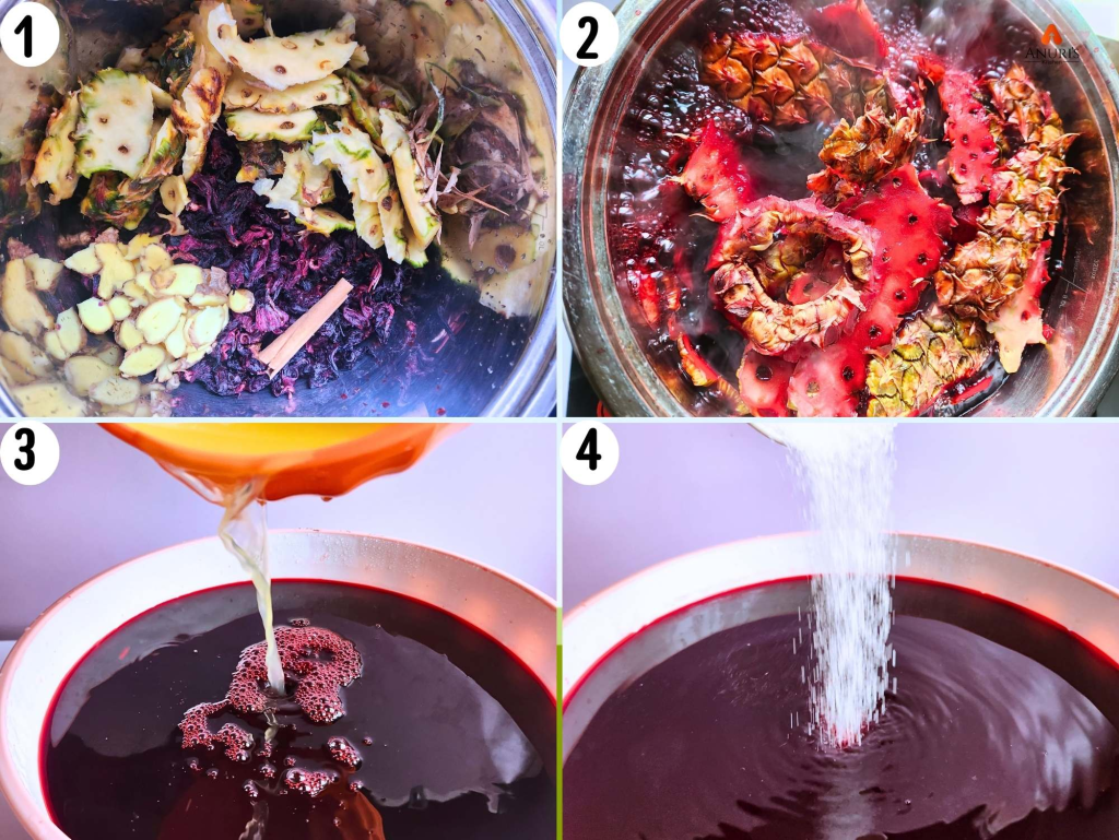 Four images showing the preparation: hibiscus petals soaked, water boiled, sweetener added