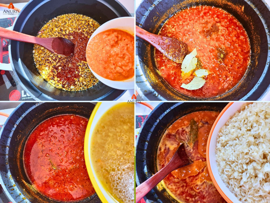 Making the jollof base and adding the rice