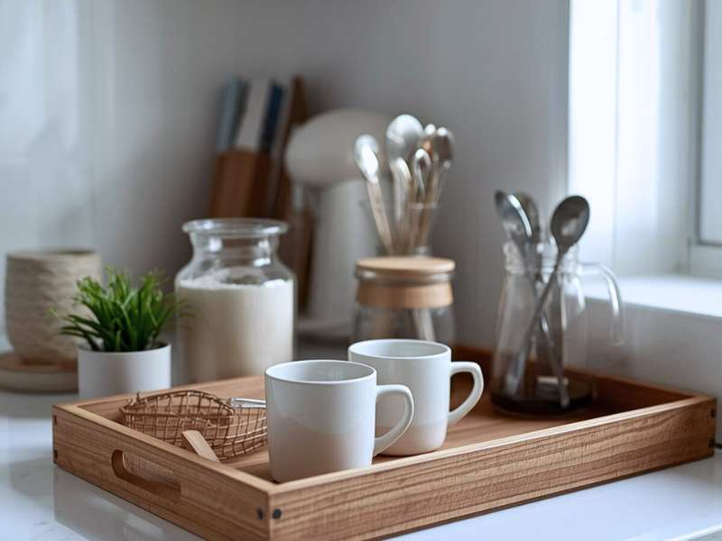 Compact tray used to arrange basic essentials like coffee cups