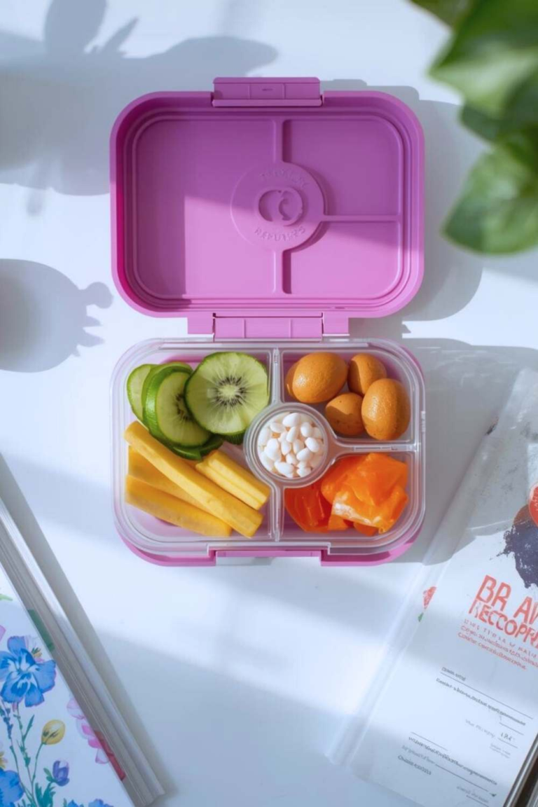 Aesthetic 9-5 office lunch with colorful lunchbox, fresh healthy meals, arranged beautifully, bright and clean workspace