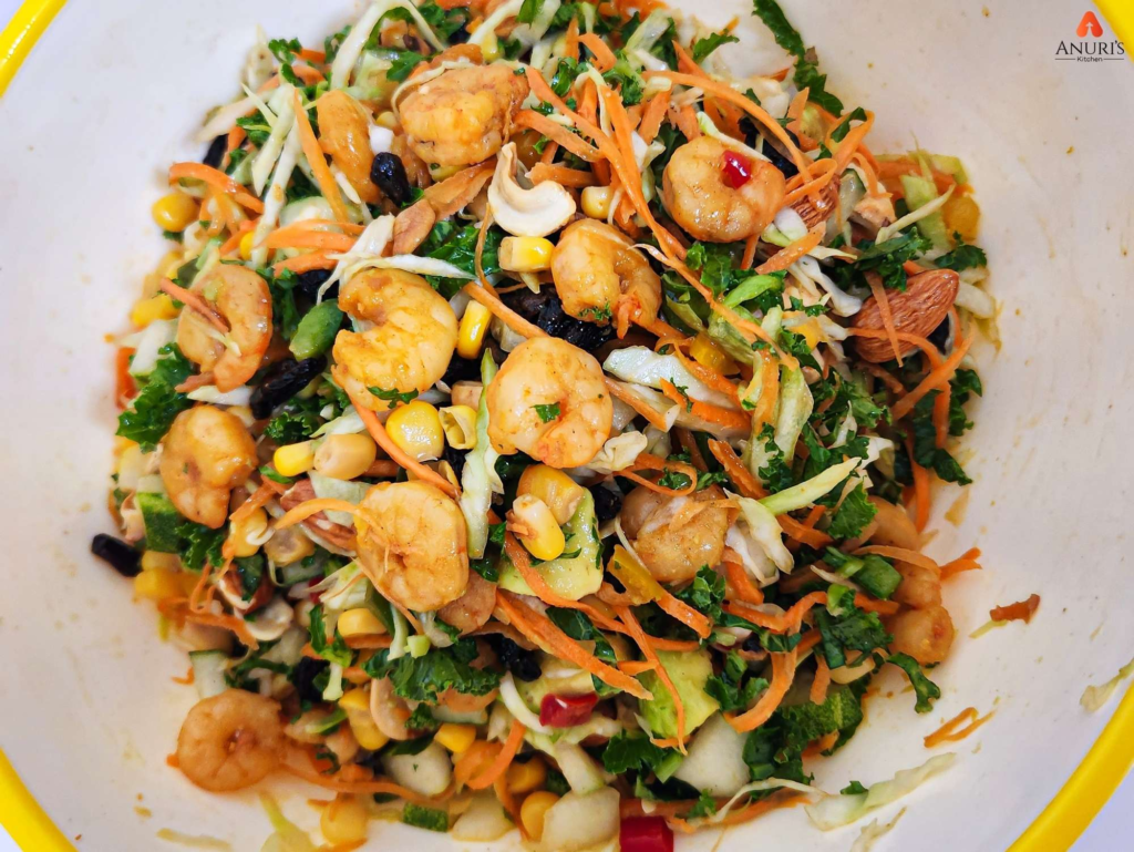 Cabbage shrimp salad served in a deep white dish