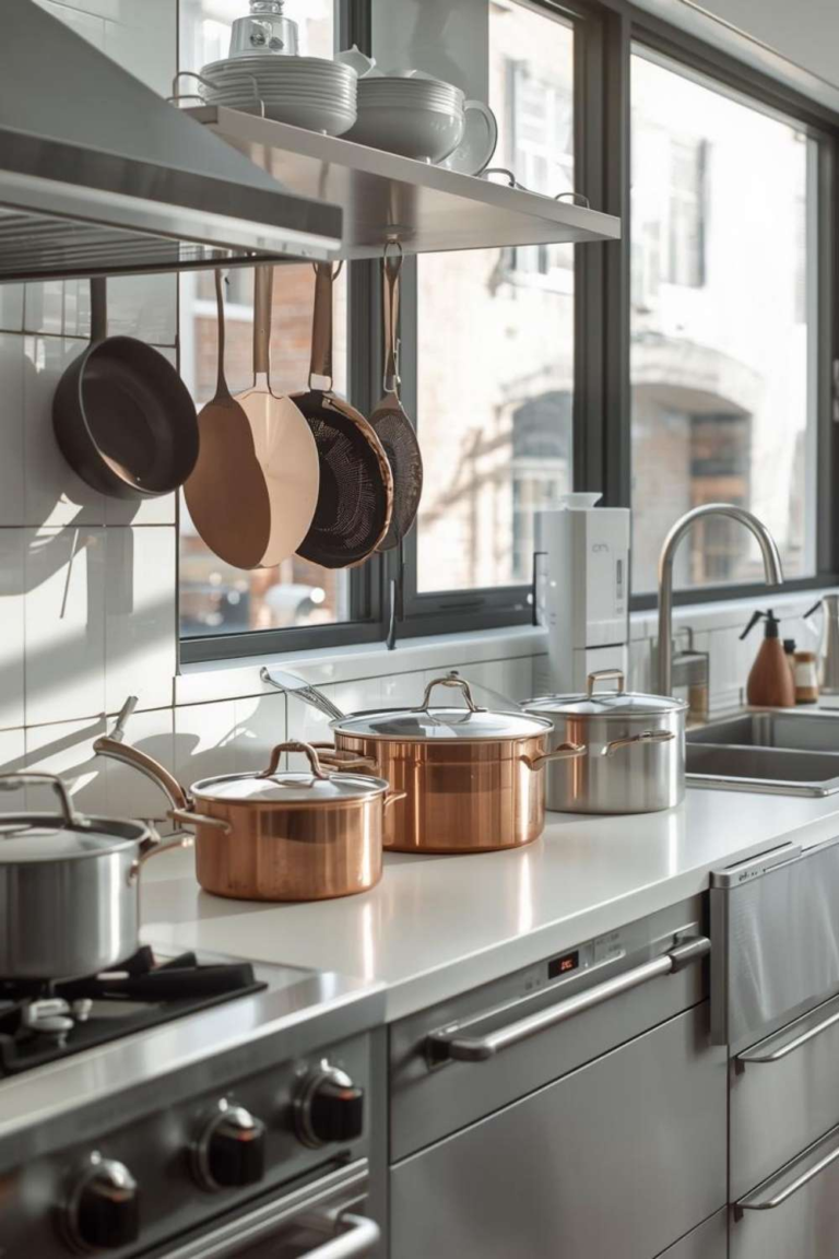 Well organized kitchen cabinet containing copper and stainless steel appliances