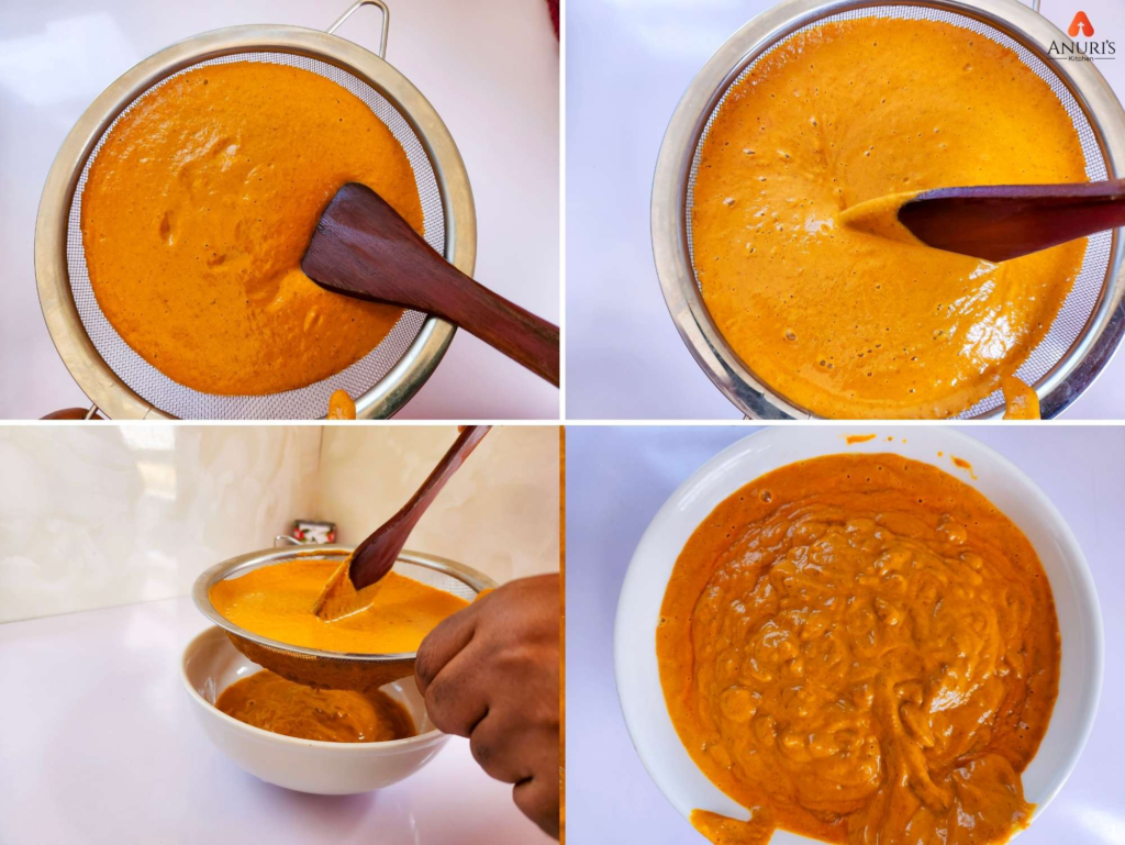 Sieving the paste for a smooth and even consistency