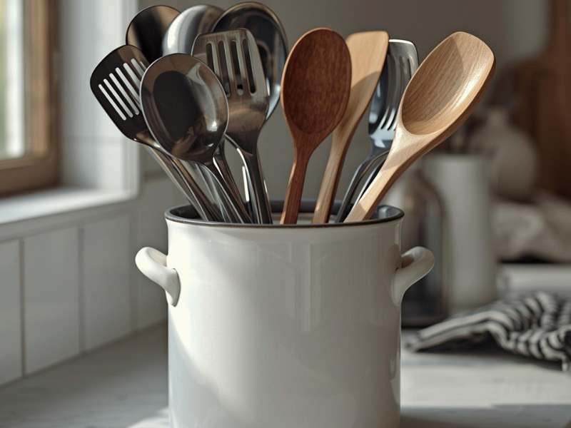 Crock of cooking utensils