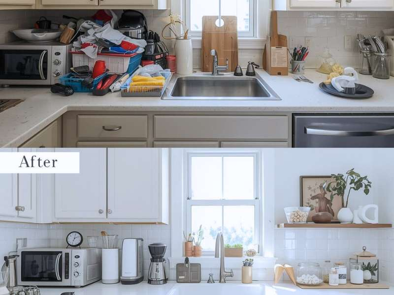 Before and after pf a decluttered kitchen