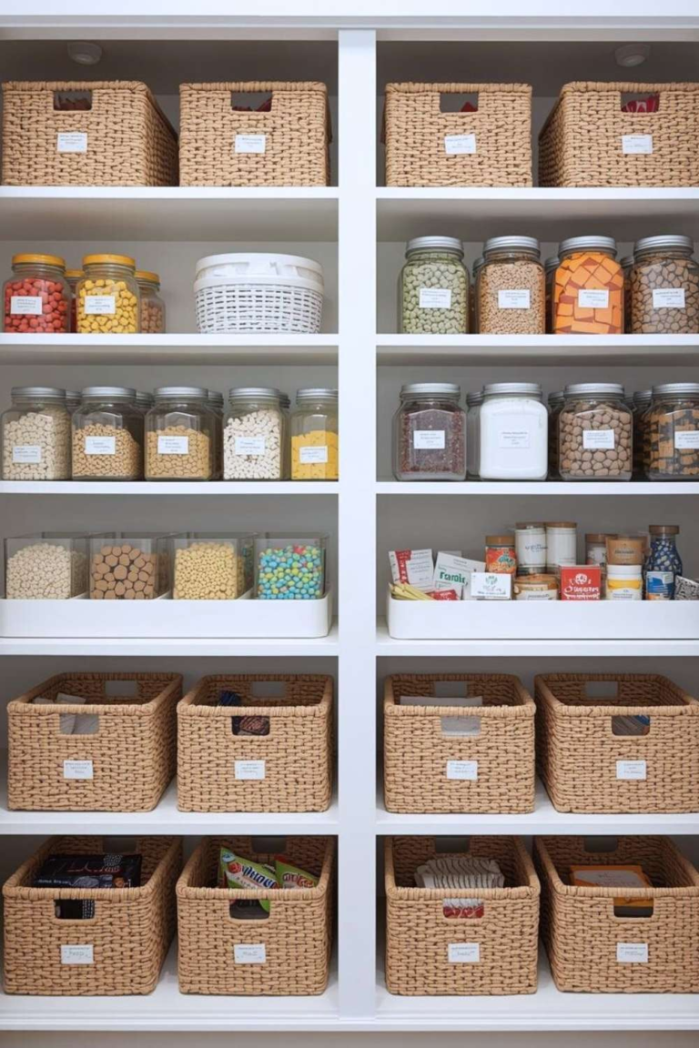 Well arranged kitchen containers with labels on it