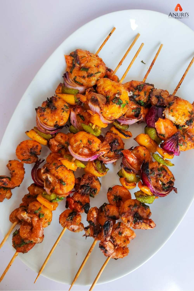 Grilled Prawns and Shrimps served on a white dish