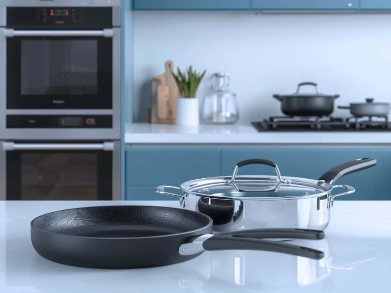 Nonstick or Stainless-Steel Pans on a kitchen island
