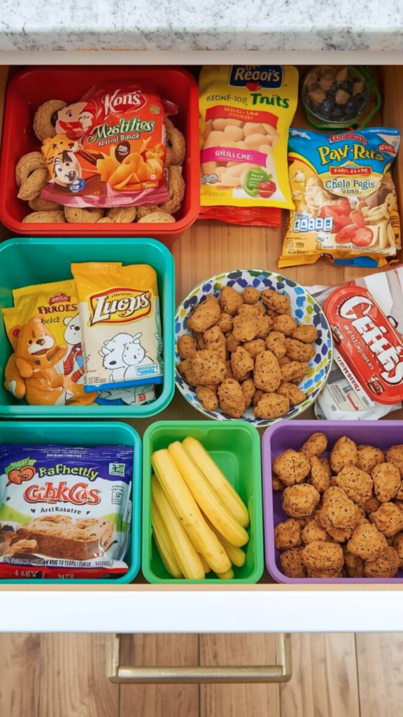 Kid friendly snacks in a snack drawer for kids