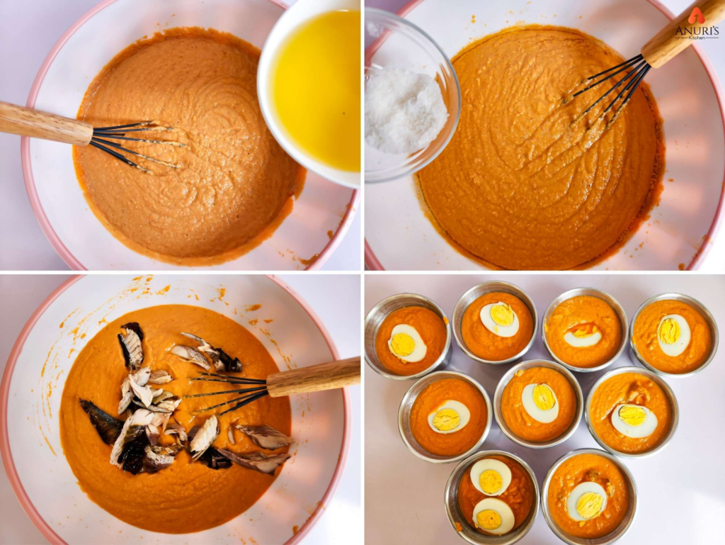 Whisking the batter and folding in the remaining ingredients.