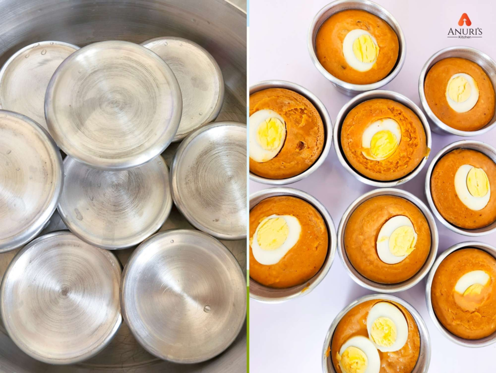 Moi moi mixture poured into cooking cups with eggs added on top