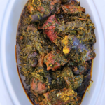 Afang Soup served in a long white dish