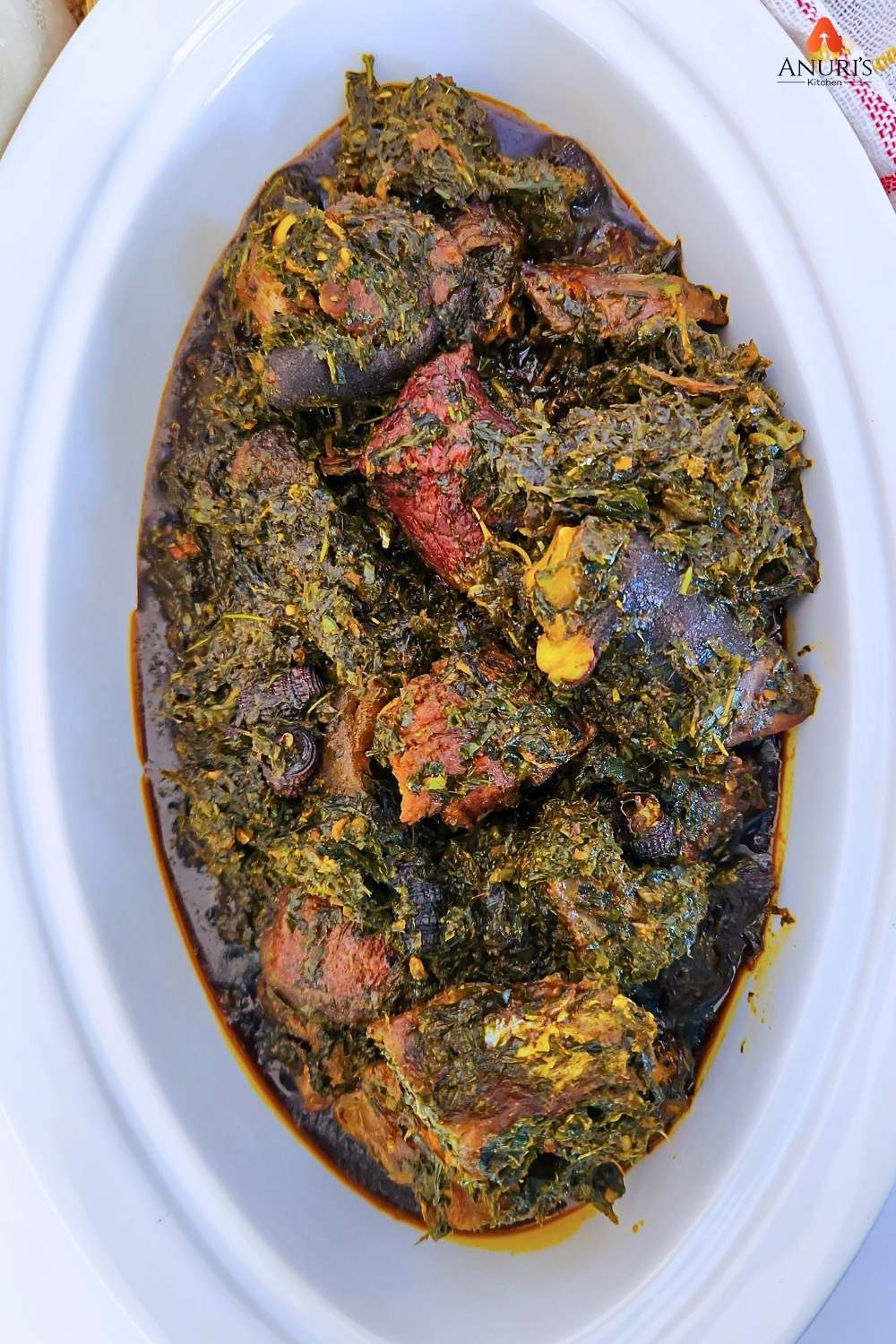Afang Soup served in a long white dish