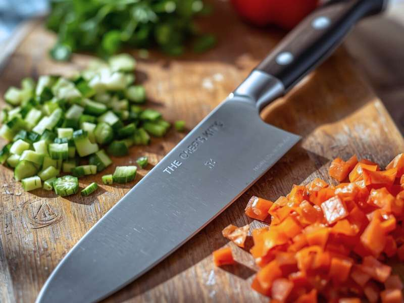 The chef's knife on a table with chopped vegetables